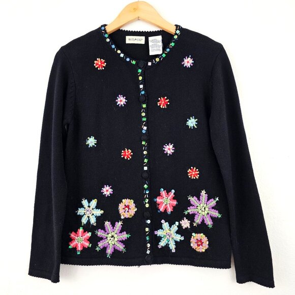 Womens Sz M 8 Christmas Embroidered Cardigan Sweater Winter Holidays Snowflakes - Picture 1 of 13